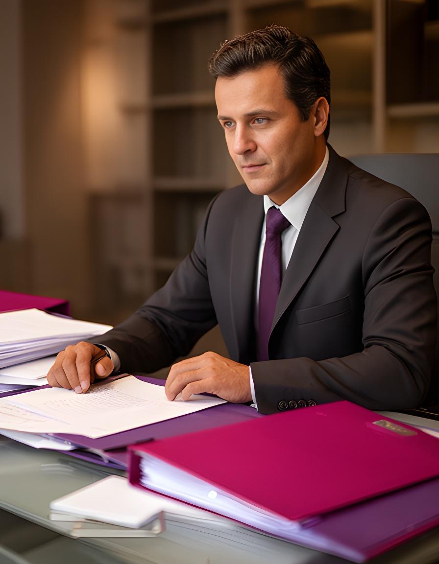 Professionista legale in uno studio moderno con fascicoli ordinati e luce calda sull’area di lavoro